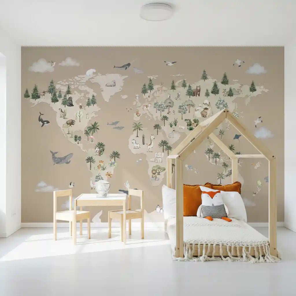 Bedroom styled using Animal Atlas Brown Wall Mural continents