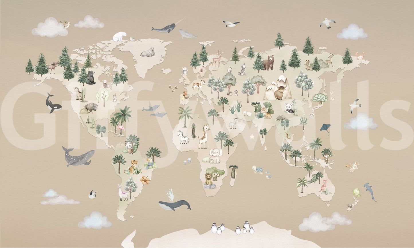 Animal Atlas Brown Wall Mural with global animal placement, GD9168