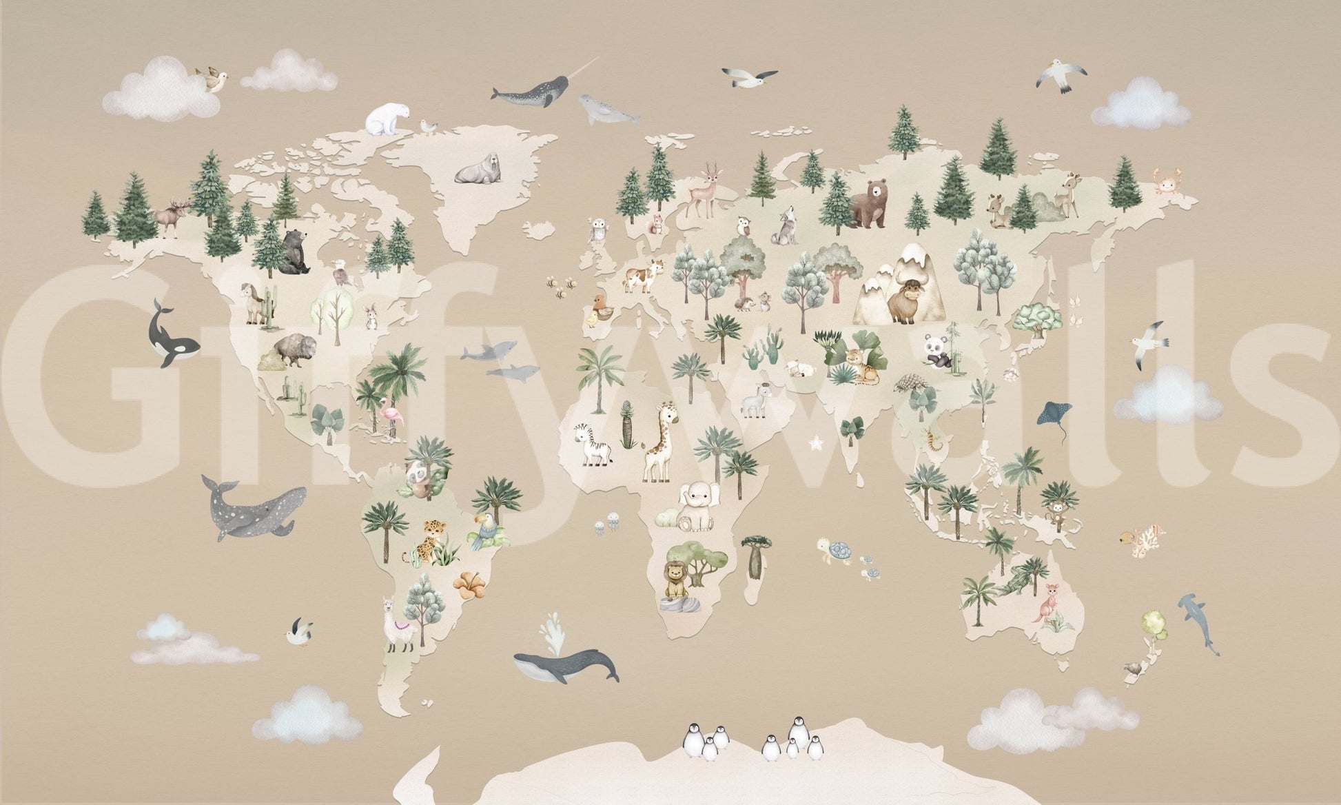 Animal Atlas Brown Wall Mural with global animal placement, GD9168