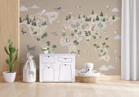 Animal Atlas Brown Wall Mural with wildlife and trees, GD9168