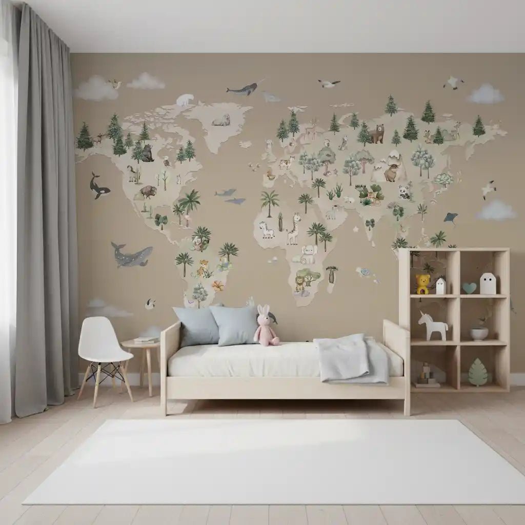 Kids room with Animal Atlas Brown Wall Mural map layout