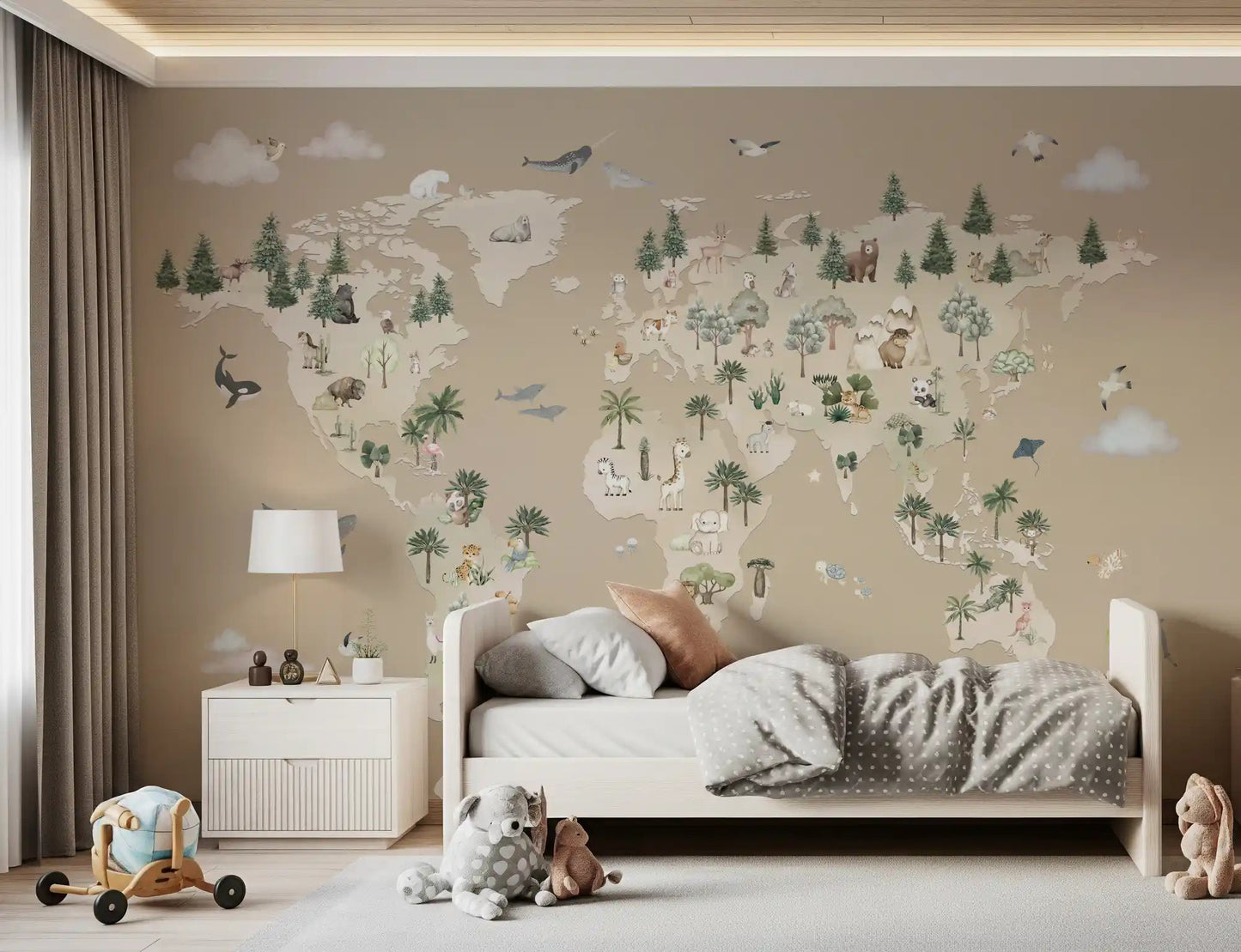 Illustrated map Wall Mural in Animal Atlas Brown style, GD9168