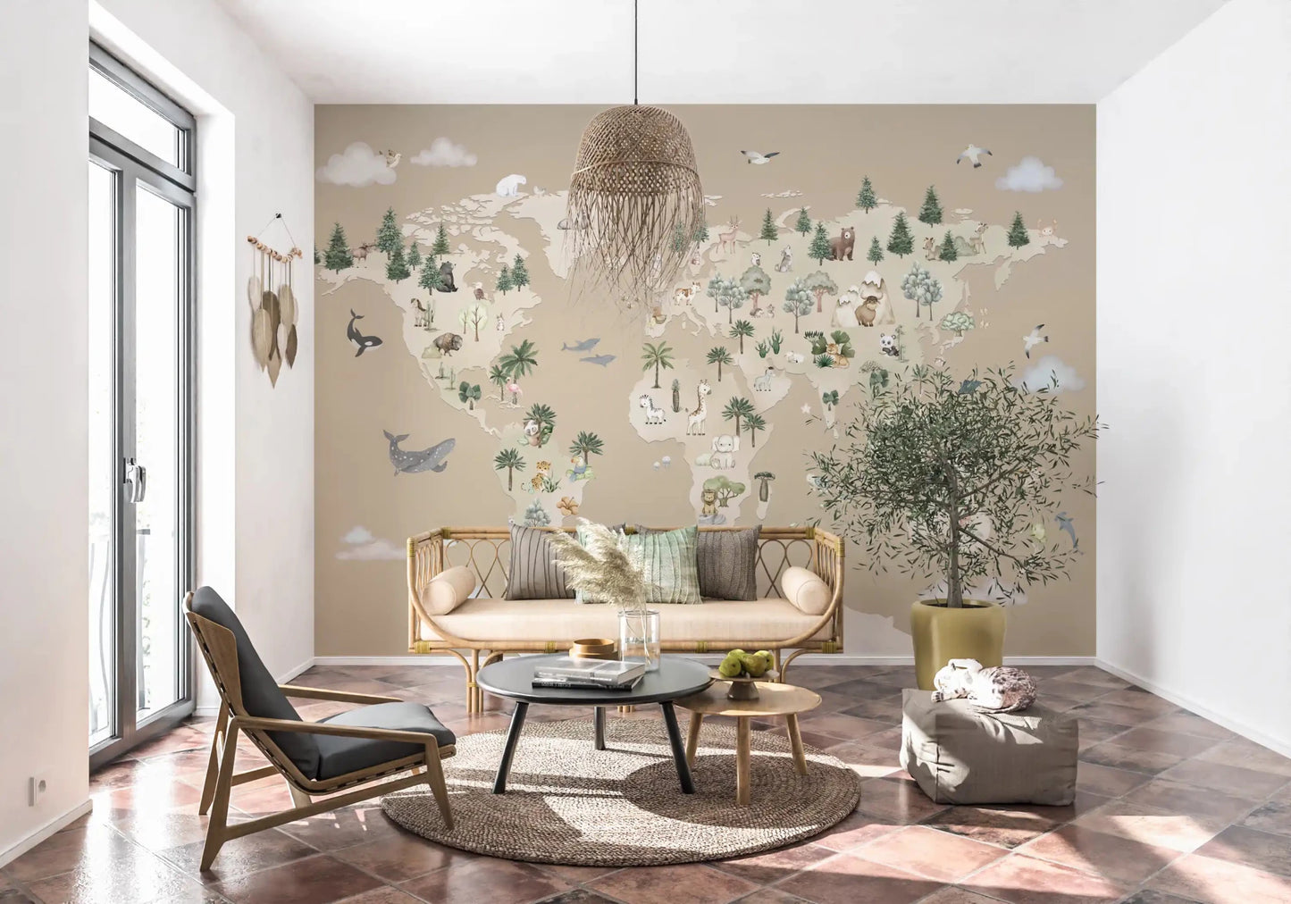 Living room with Animal Atlas Brown Wall Mural world map design, GD9168