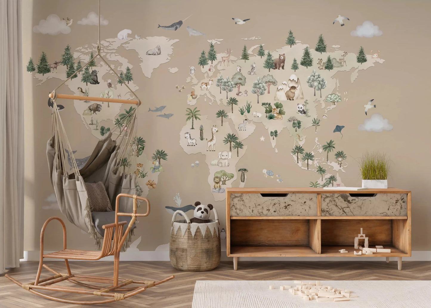 Neutral world map Wall Mural in Animal Atlas Brown tones, GD9168