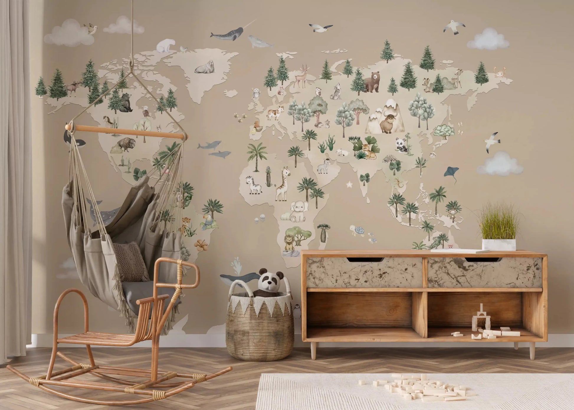 Neutral world map Wall Mural in Animal Atlas Brown tones, GD9168