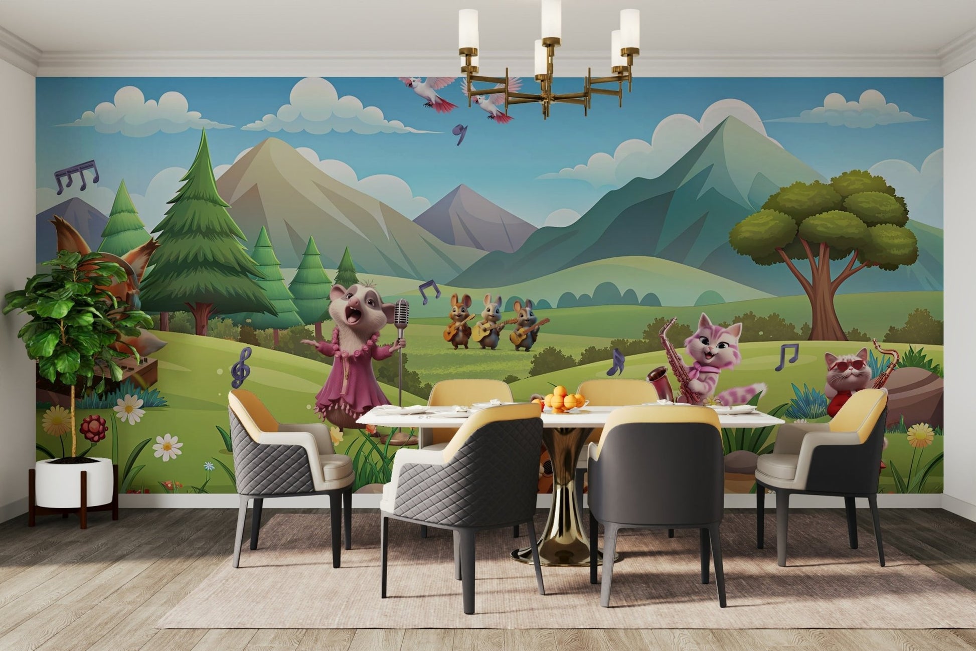 Wall mural with cartoon animals and musical instruments

