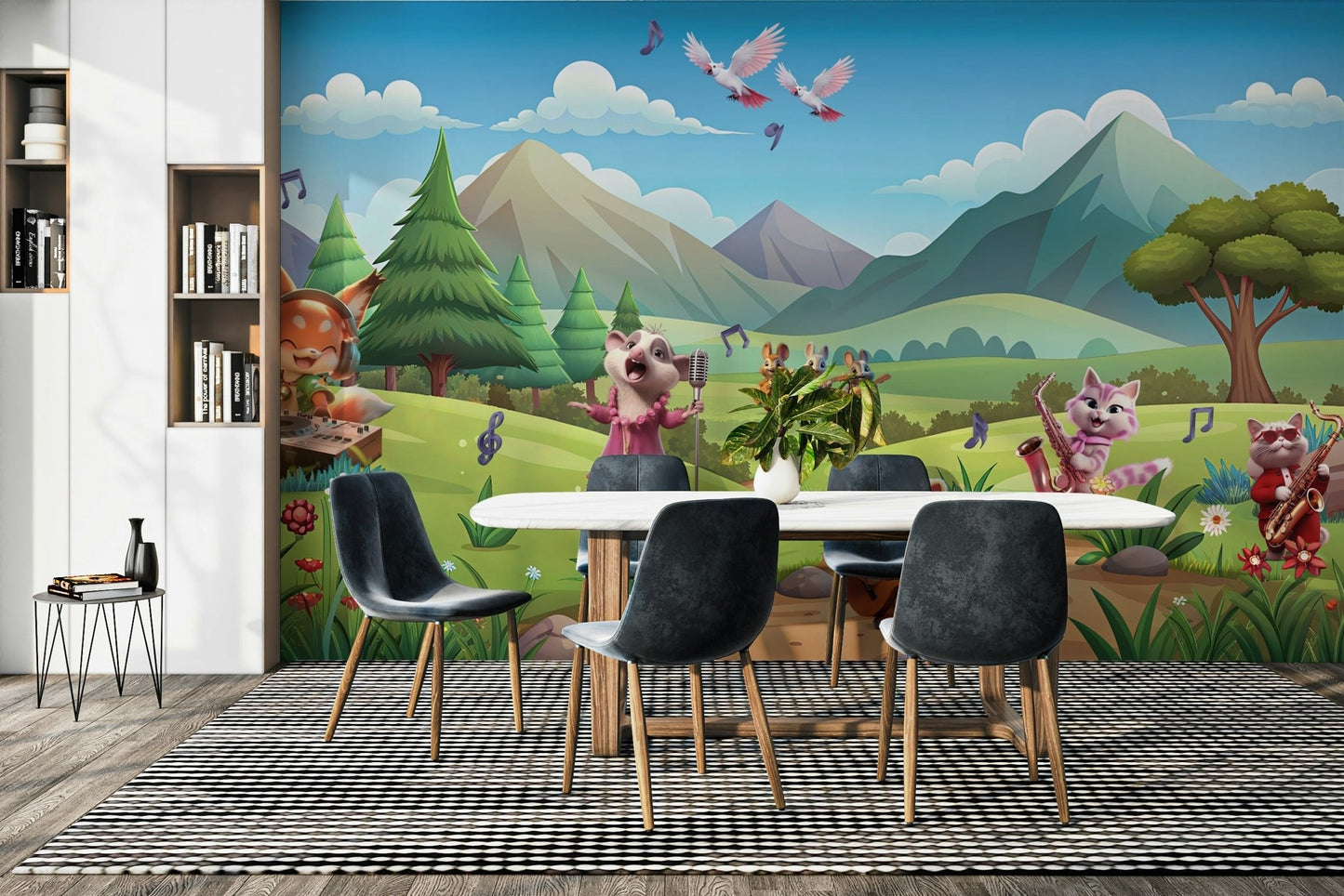 Scenic wallpaper with cartoon animals and instruments

