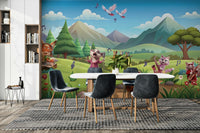 Scenic wallpaper with cartoon animals and instruments

