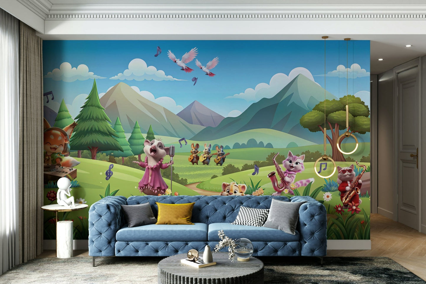 View of friendly animals and a playful orchestra

