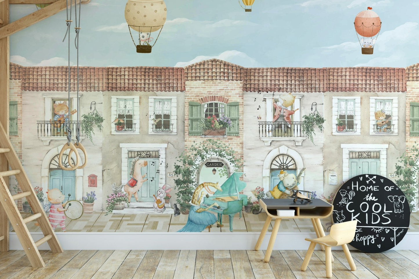 A happy bear is playing a drum.

