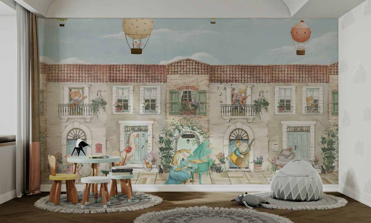 The colors are soft and happy, with shades of green and brown.

