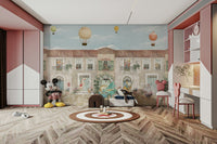 The animals are standing on a small wooden stage.

