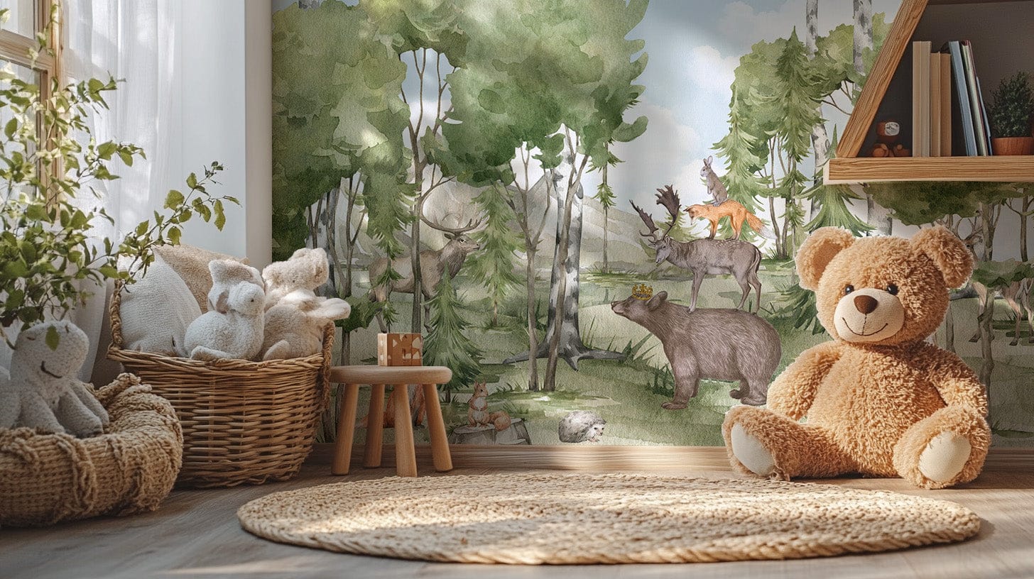 Whimsical animal forest friend wall mural wallpaper for kids., B322