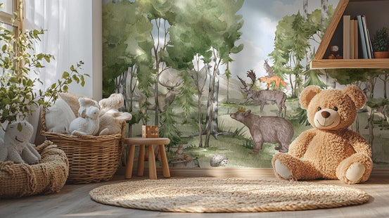 Whimsical animal forest friend wall mural wallpaper for kids., B322