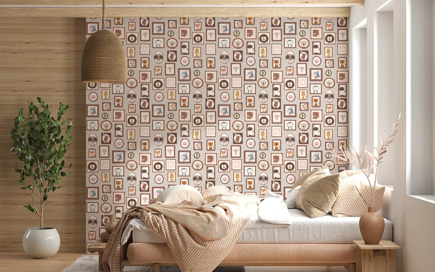 Behind a low bed, Animal Gallery Wallpaper creates a warm and playful backdrop, GD8340