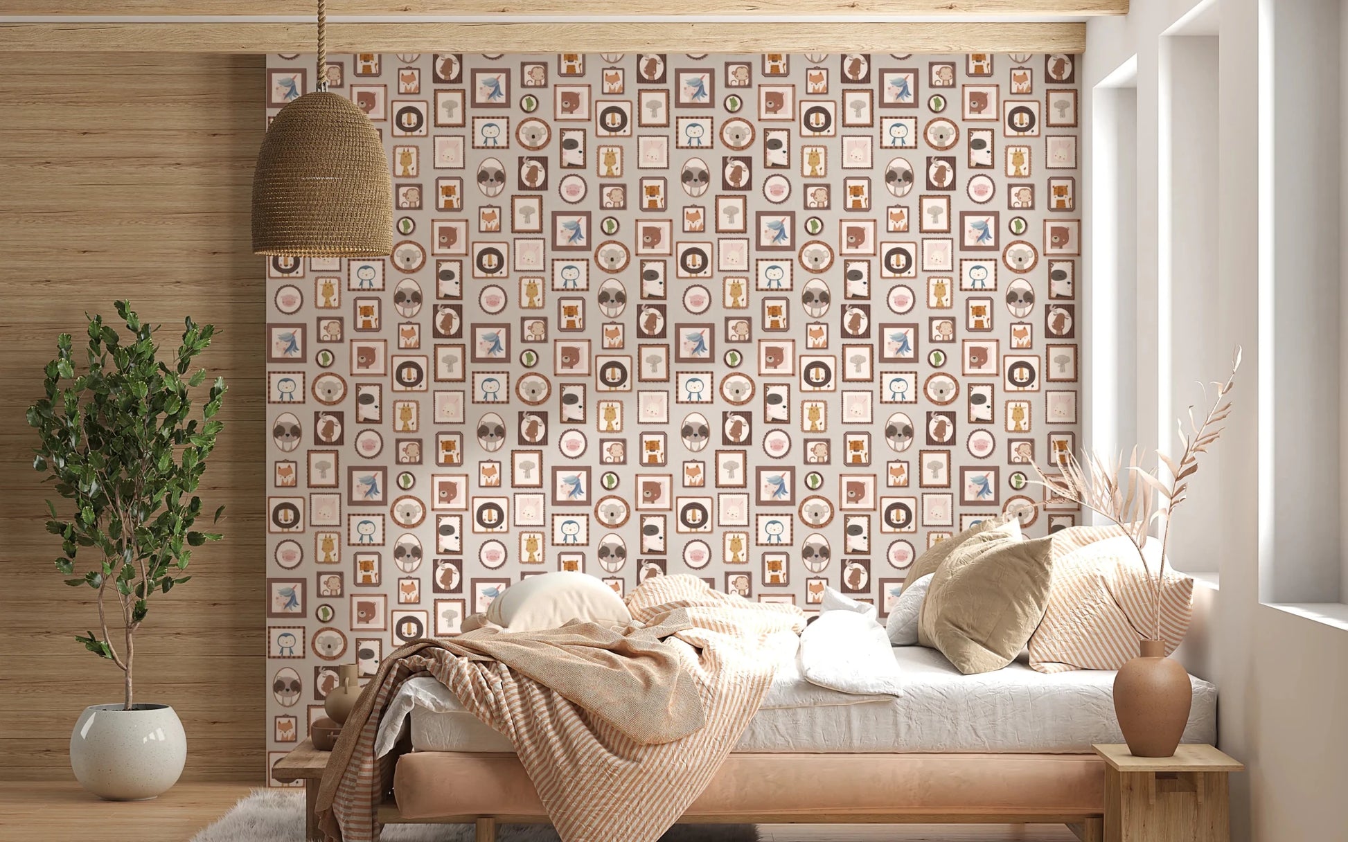 Behind a low bed, Animal Gallery Wallpaper creates a warm and playful backdrop, GD8340