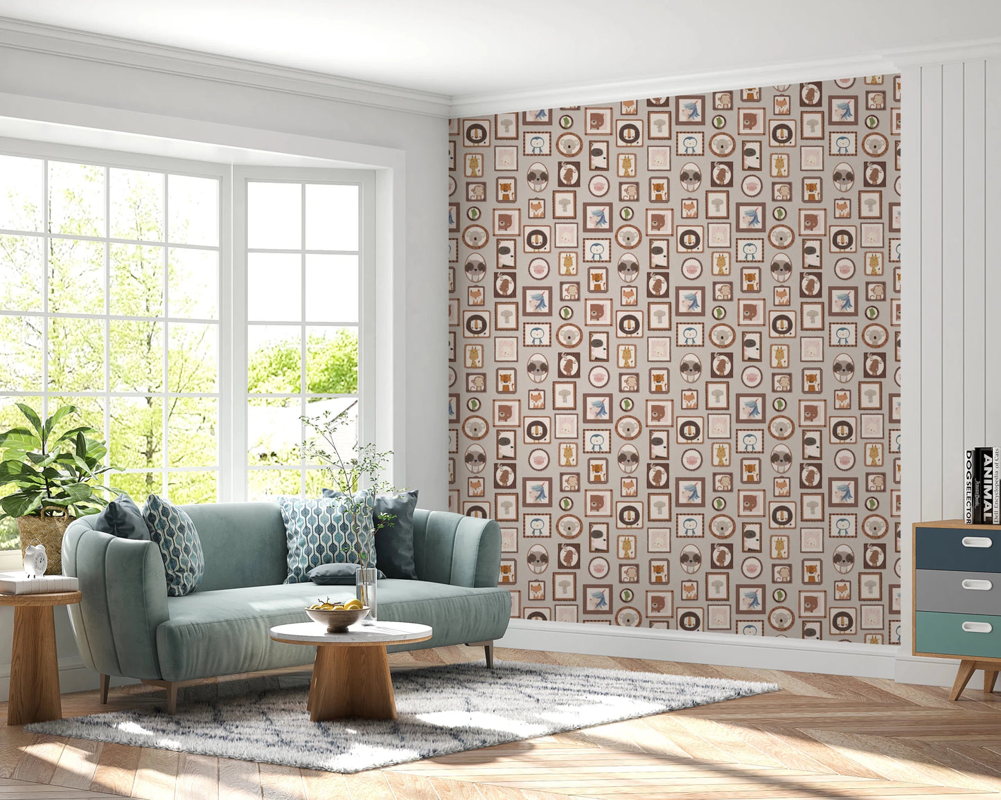 Living room corner where Animal Gallery Wallpaper adds a structured visual rhythm, GD8340