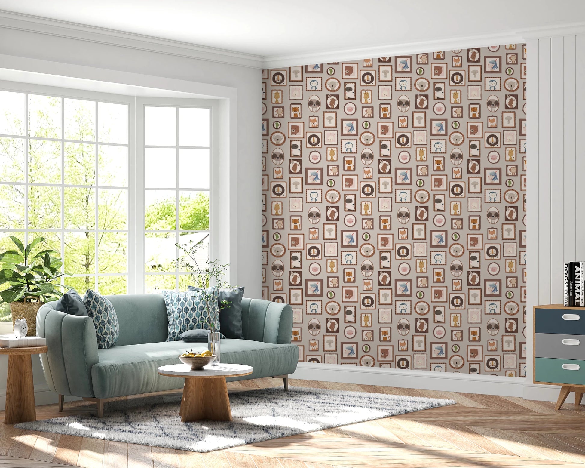 Living room corner where Animal Gallery Wallpaper adds a structured visual rhythm, GD8340