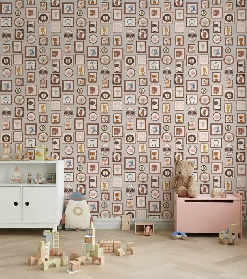 Kids room setup featuring Animal Gallery Wallpaper with toys and storage unit