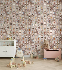 Kids room setup featuring Animal Gallery Wallpaper with toys and storage unit, GD8340