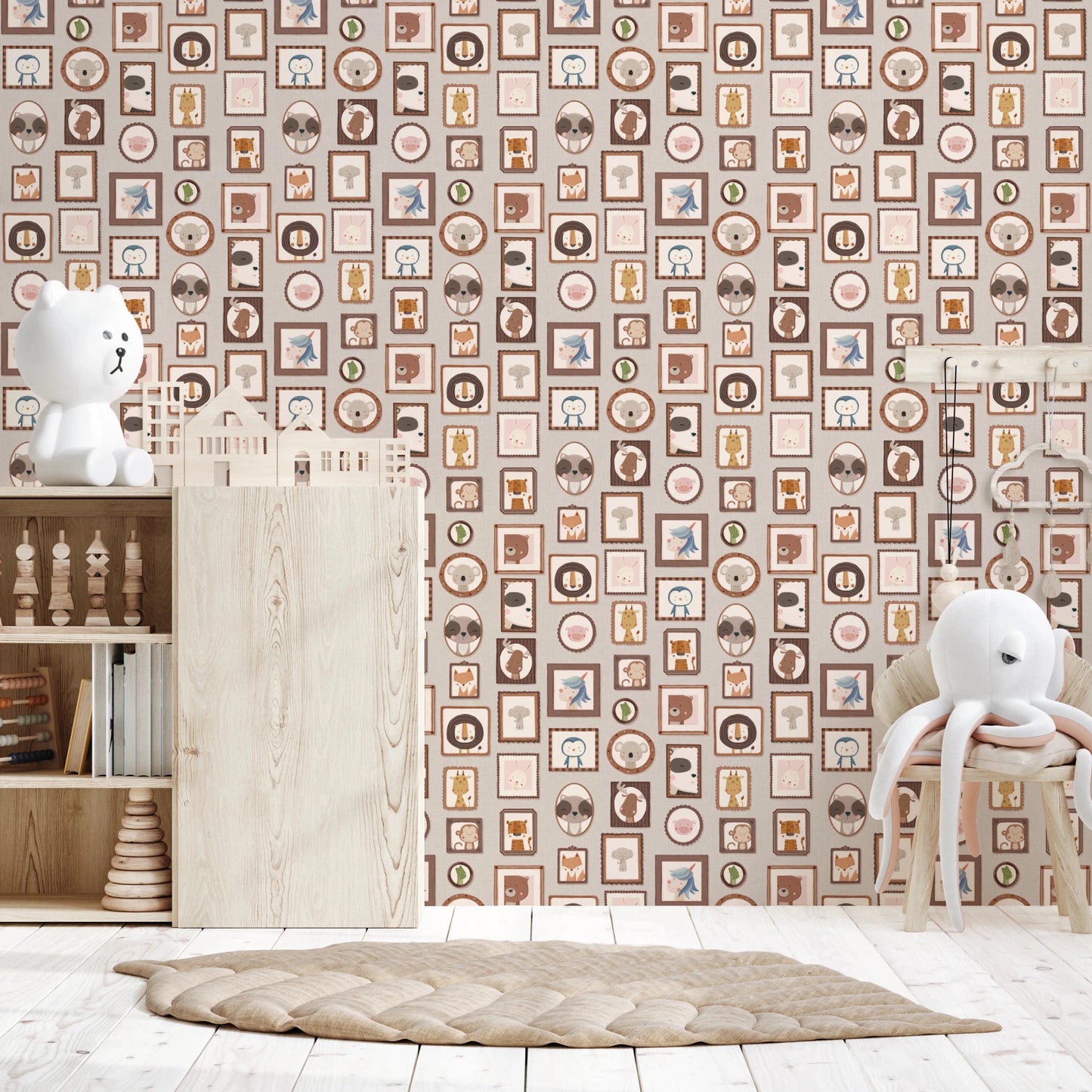 Study table area placed against Animal Gallery Wallpaper with framed character pattern, GD8340