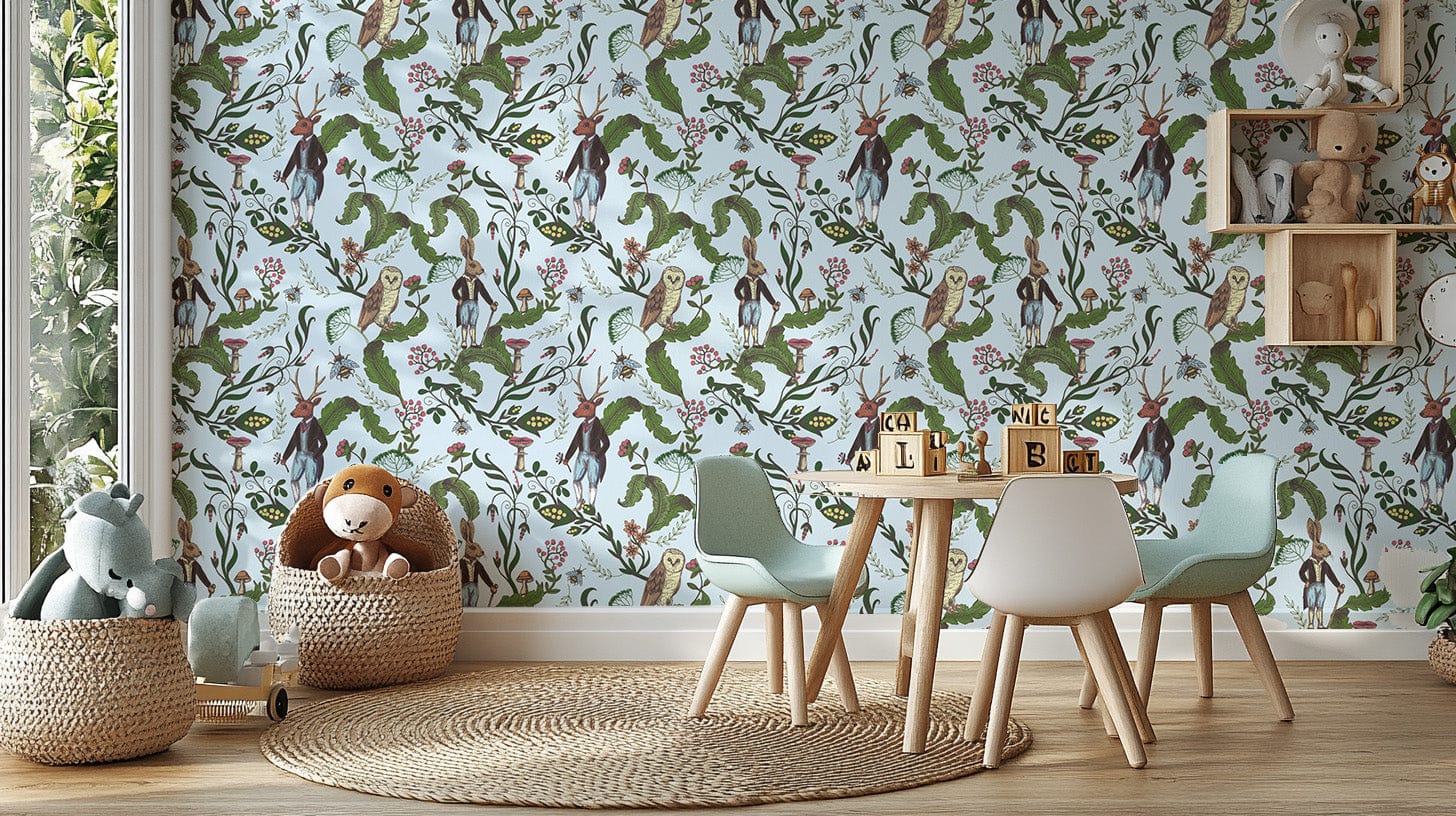 Rabbit and owl whimsical wallpaper pattern A988
