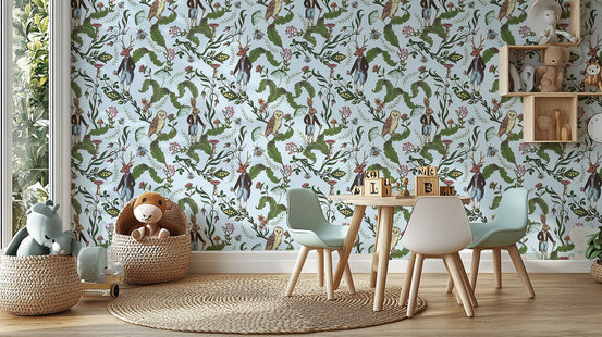 Rabbit and owl whimsical wallpaper pattern A988

