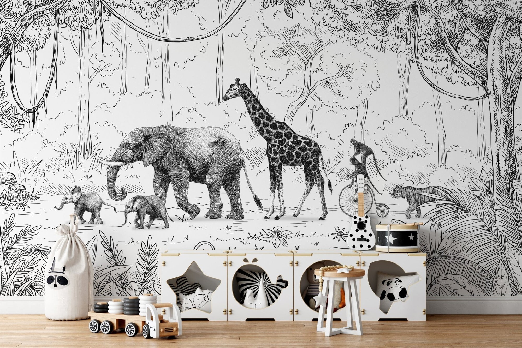 Animal Parade black and white wallpaper with jungle theme KB56