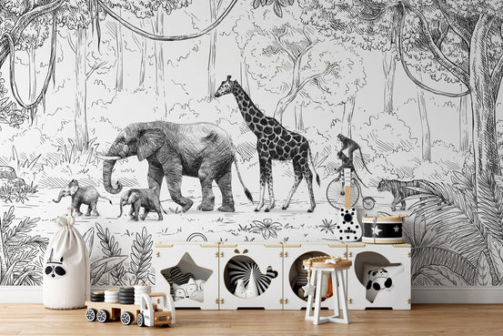 Animal Parade black and white wallpaper with jungle theme KB56