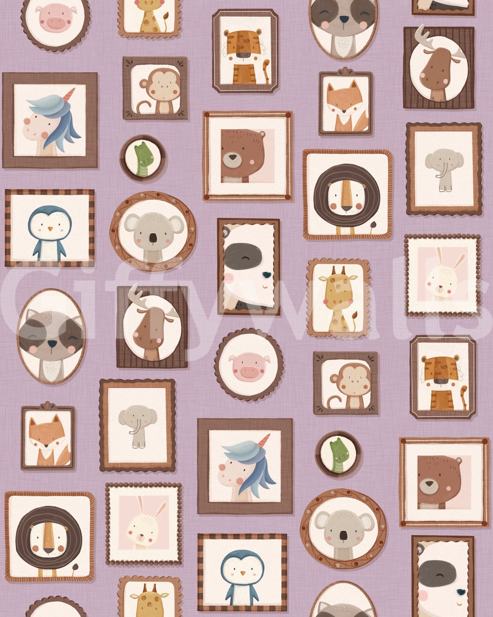 Playful animal frames across Animal Portraits Gallery Wallpaper on soft pastel base