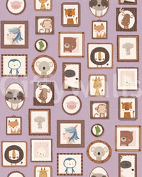 Playful animal frames across Animal Portraits Gallery Wallpaper on soft pastel base