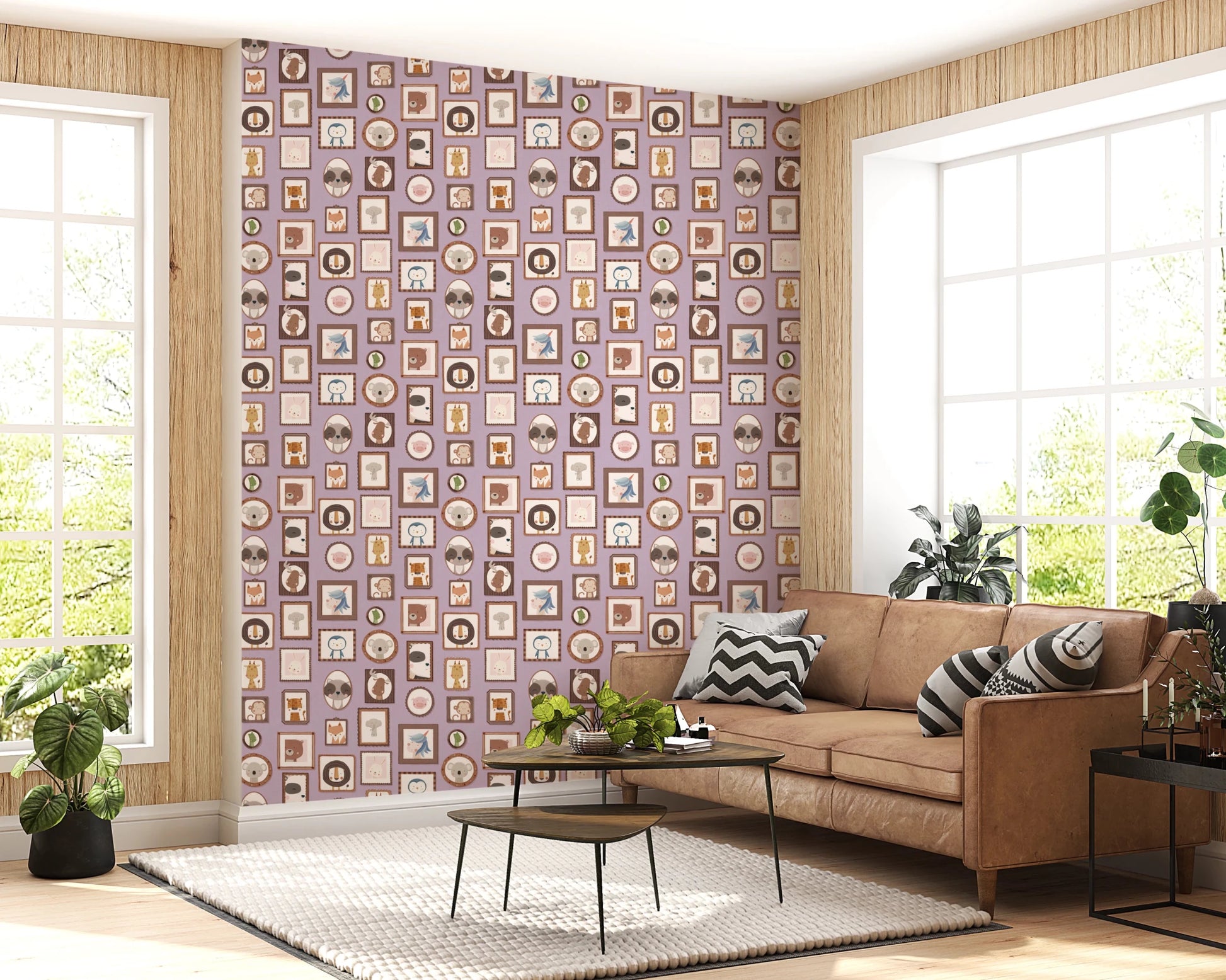 Cozy sofa arrangement paired with Animal Portraits Gallery Wallpaper for added detail