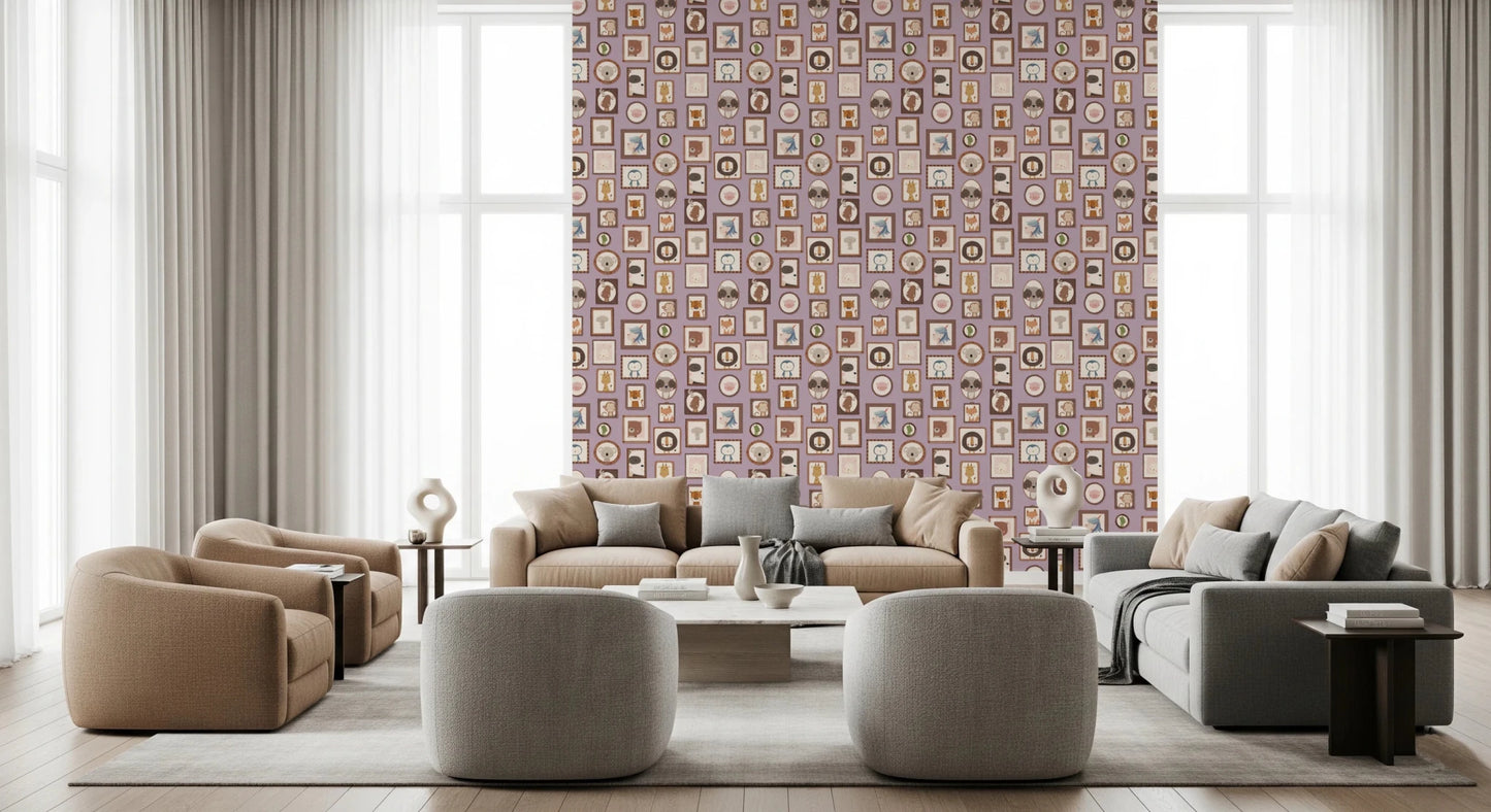 Soft seating lounge backed by Animal Portraits Gallery Wallpaper in a grid layout