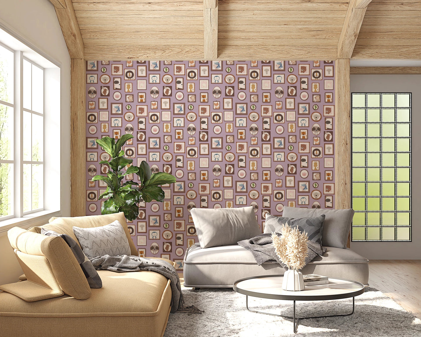 Sunlit interior where Animal Portraits Gallery Wallpaper spreads across the wall evenly