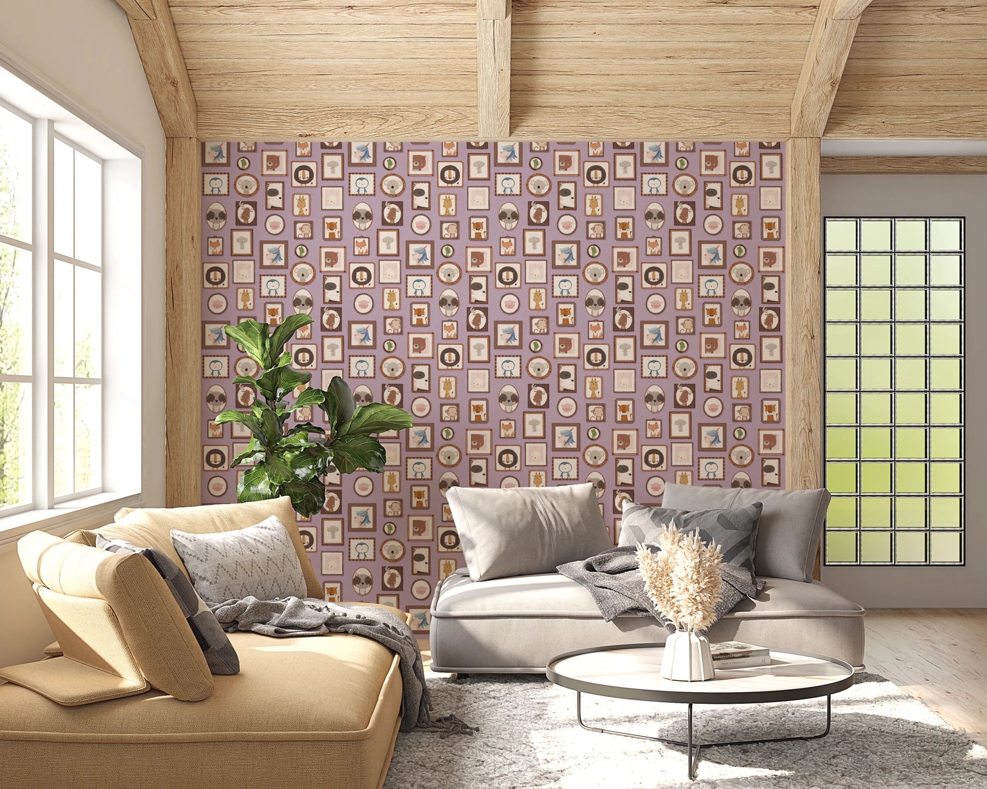 Sunlit interior where Animal Portraits Gallery Wallpaper spreads across the wall evenly