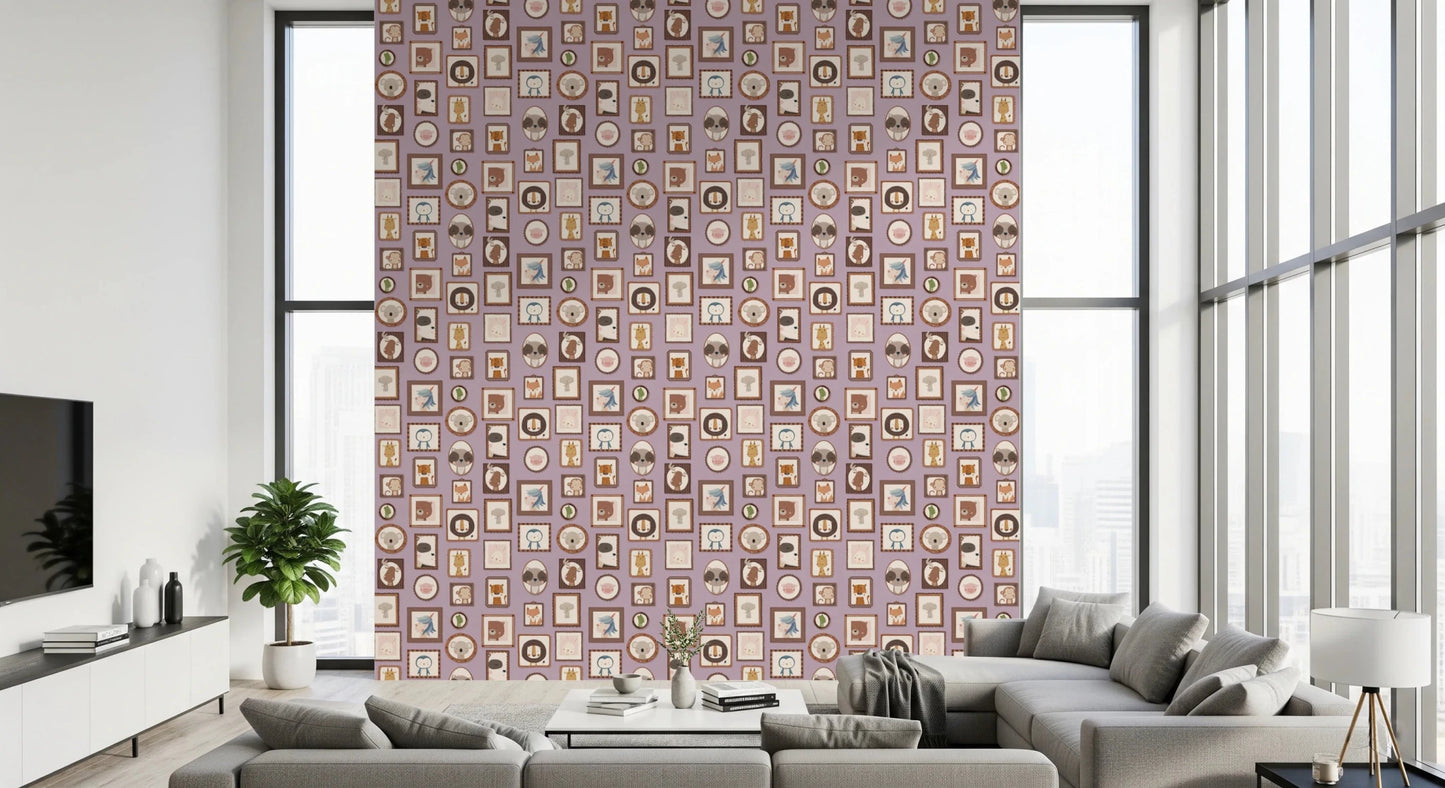 Relaxed family space shaped by Animal Portraits Gallery Wallpaper and warm tones