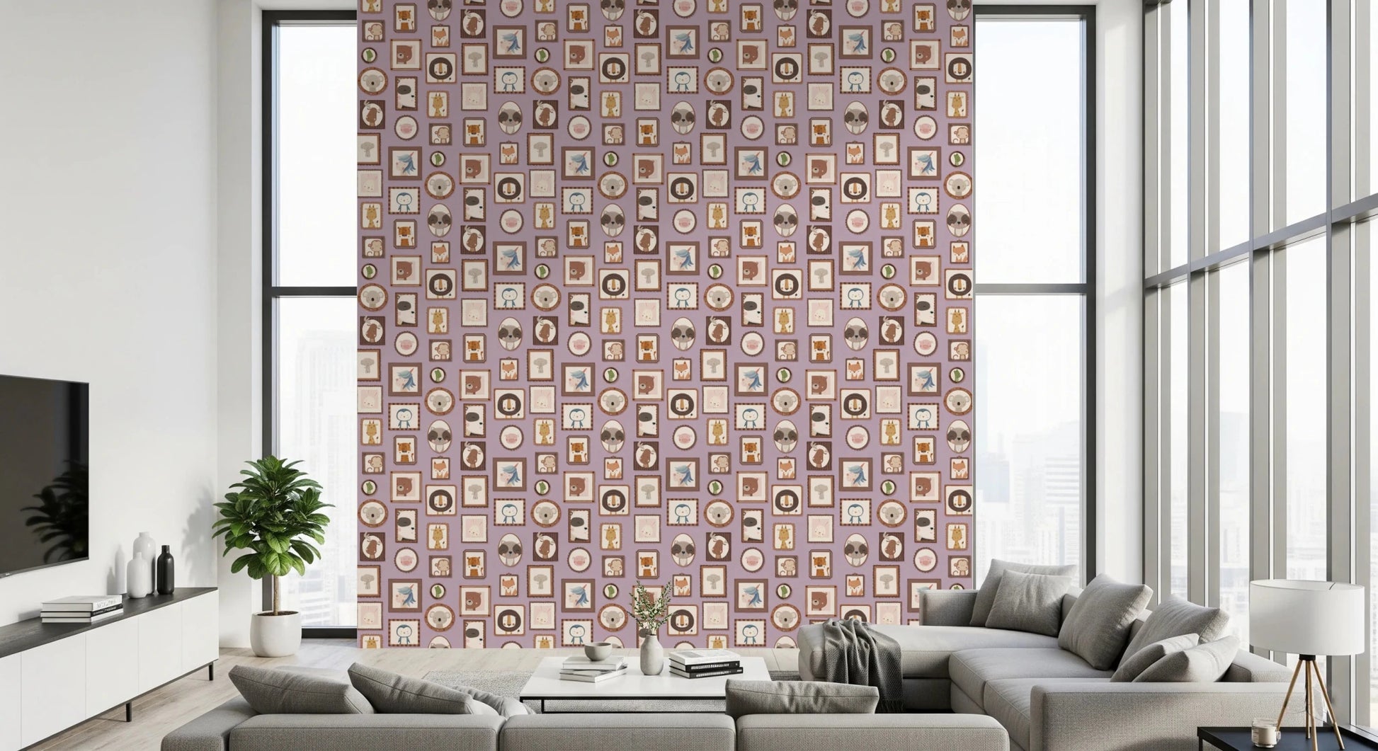 Relaxed family space shaped by Animal Portraits Gallery Wallpaper and warm tones
