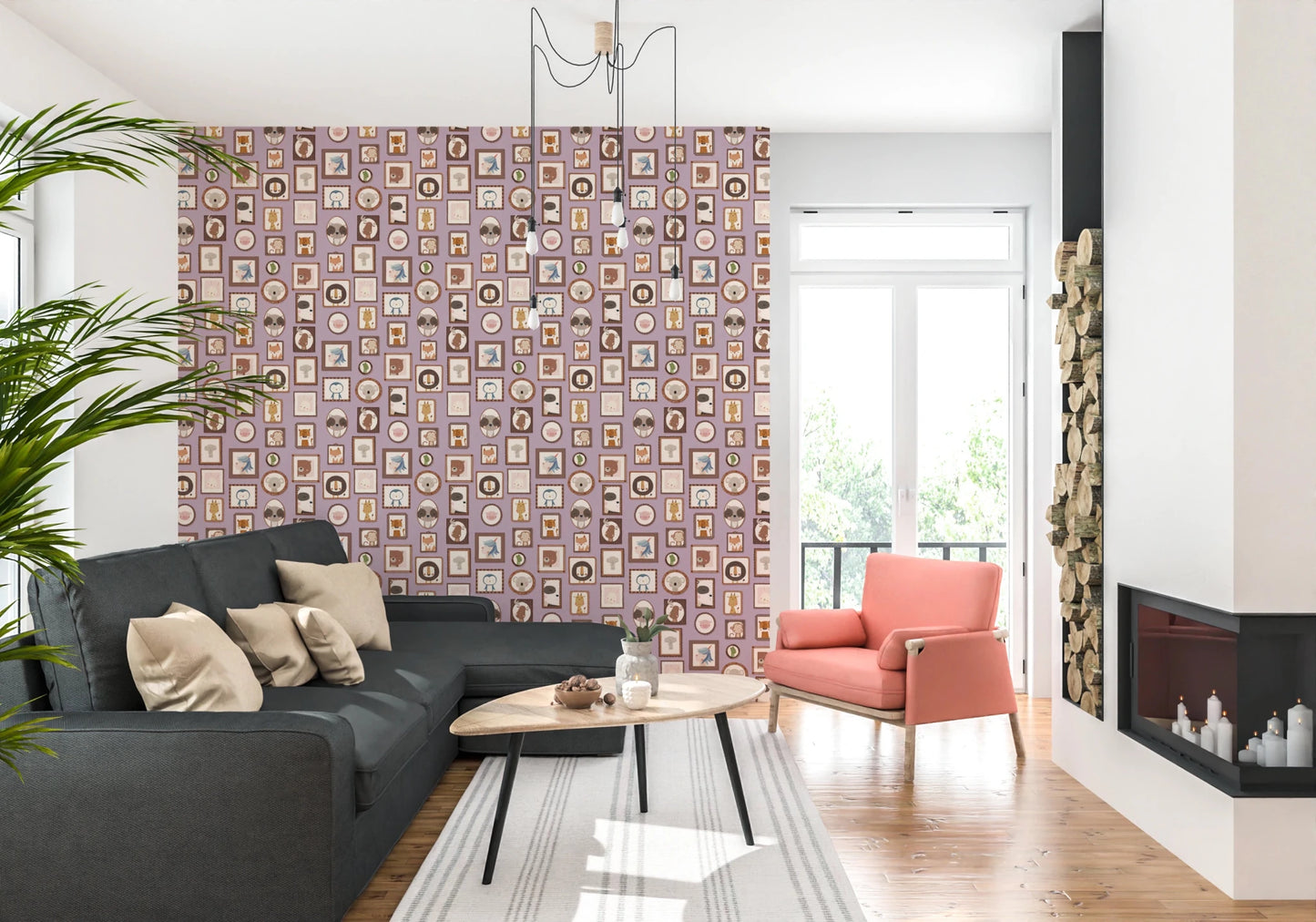 Open living setup where Animal Portraits Gallery Wallpaper anchors the wall visually