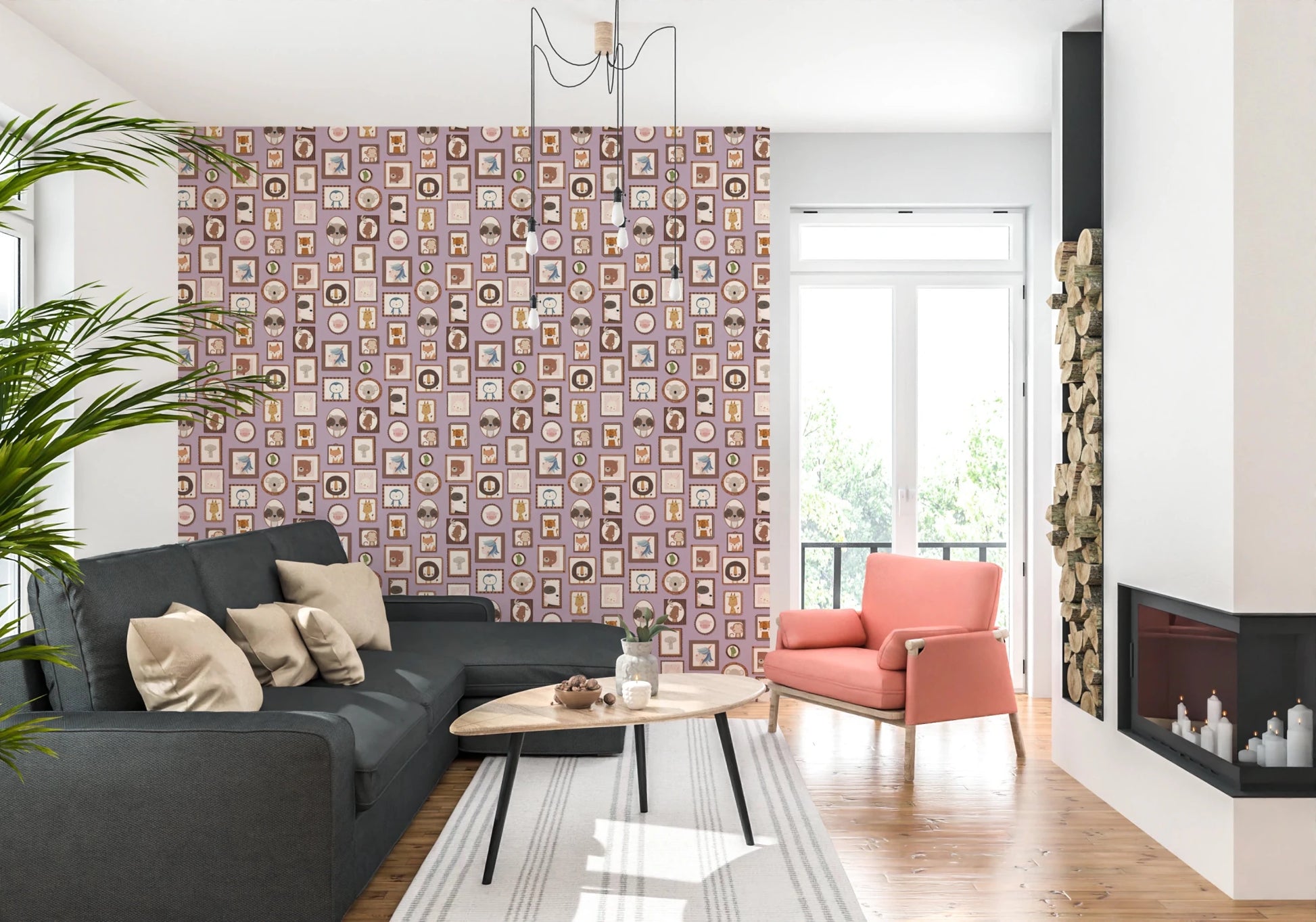 Open living setup where Animal Portraits Gallery Wallpaper anchors the wall visually