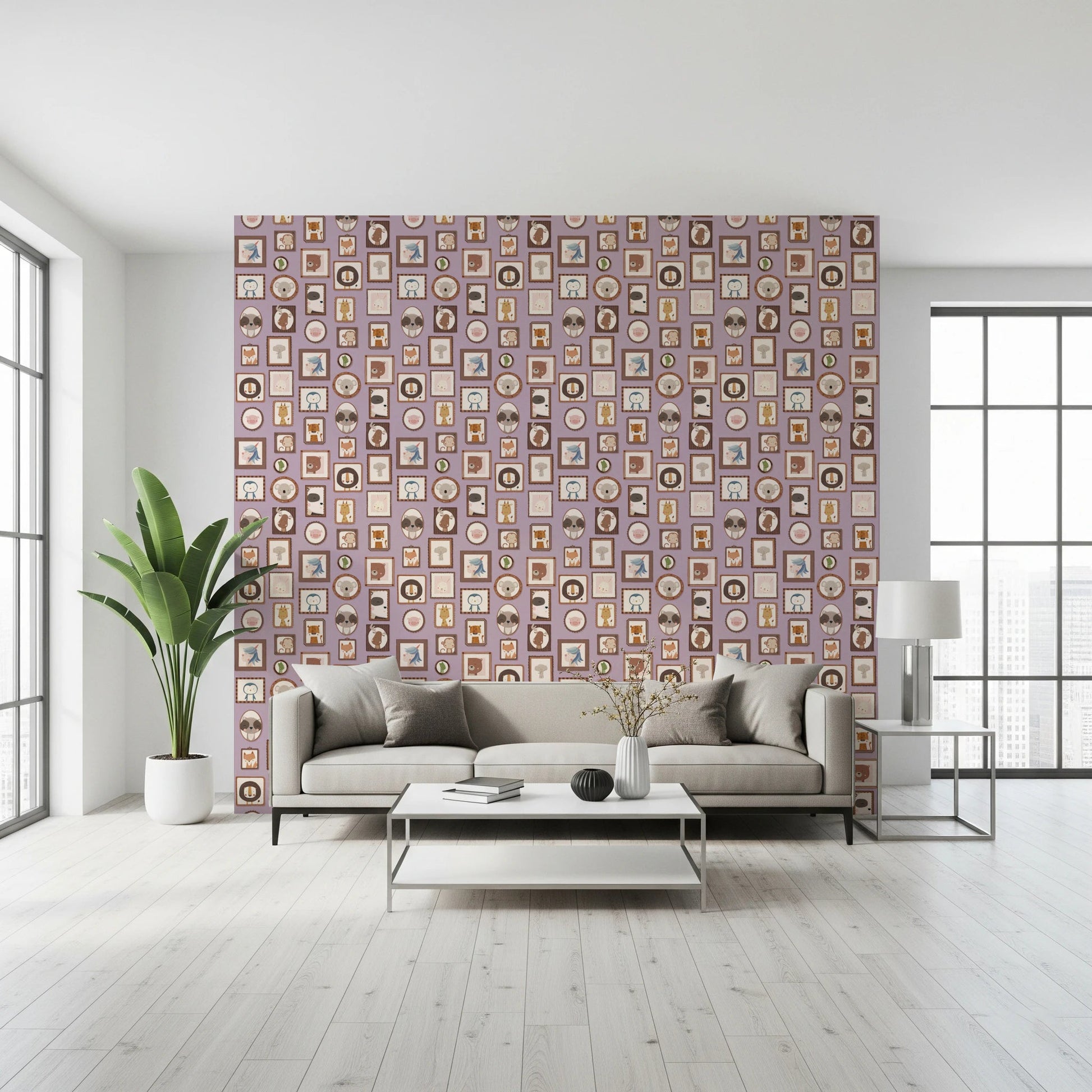 A bright living room where Animal Portraits Gallery Wallpaper fills the feature wall