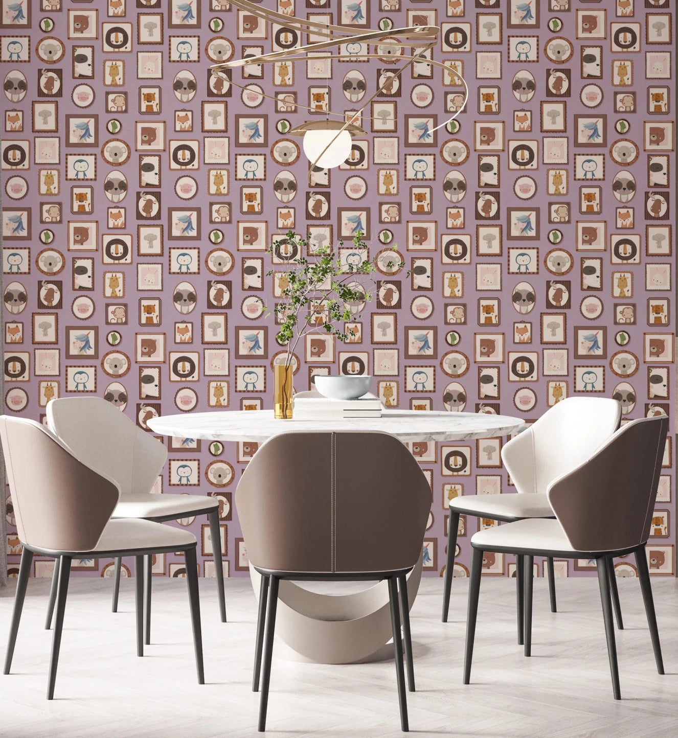 Dining area cantered around Animal Portraits Gallery Wallpaper with framed pattern