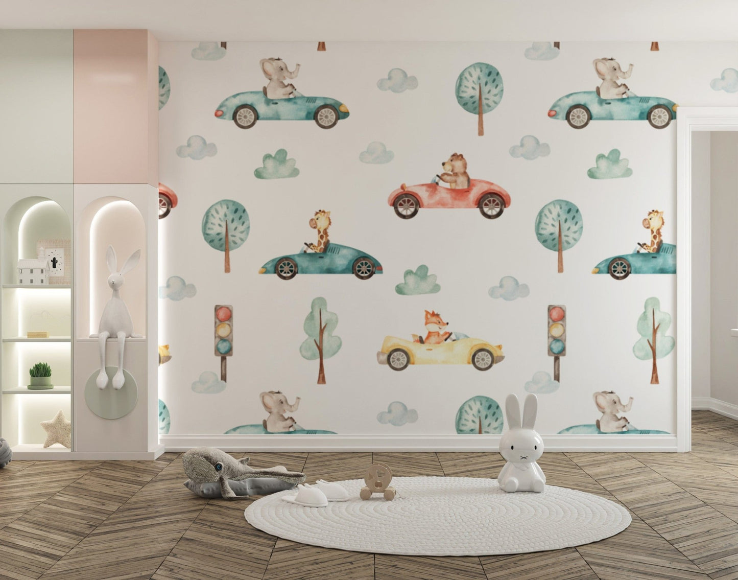 Playful watercolor animal racers wallpaper for kids' rooms
