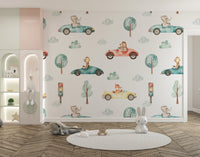 Playful watercolor animal racers wallpaper for kids' rooms
