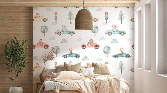 Animal racers watercolor kids wallpaper for walls, B334