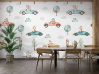 Artistic watercolor animal racers wallpaper for nurseries
