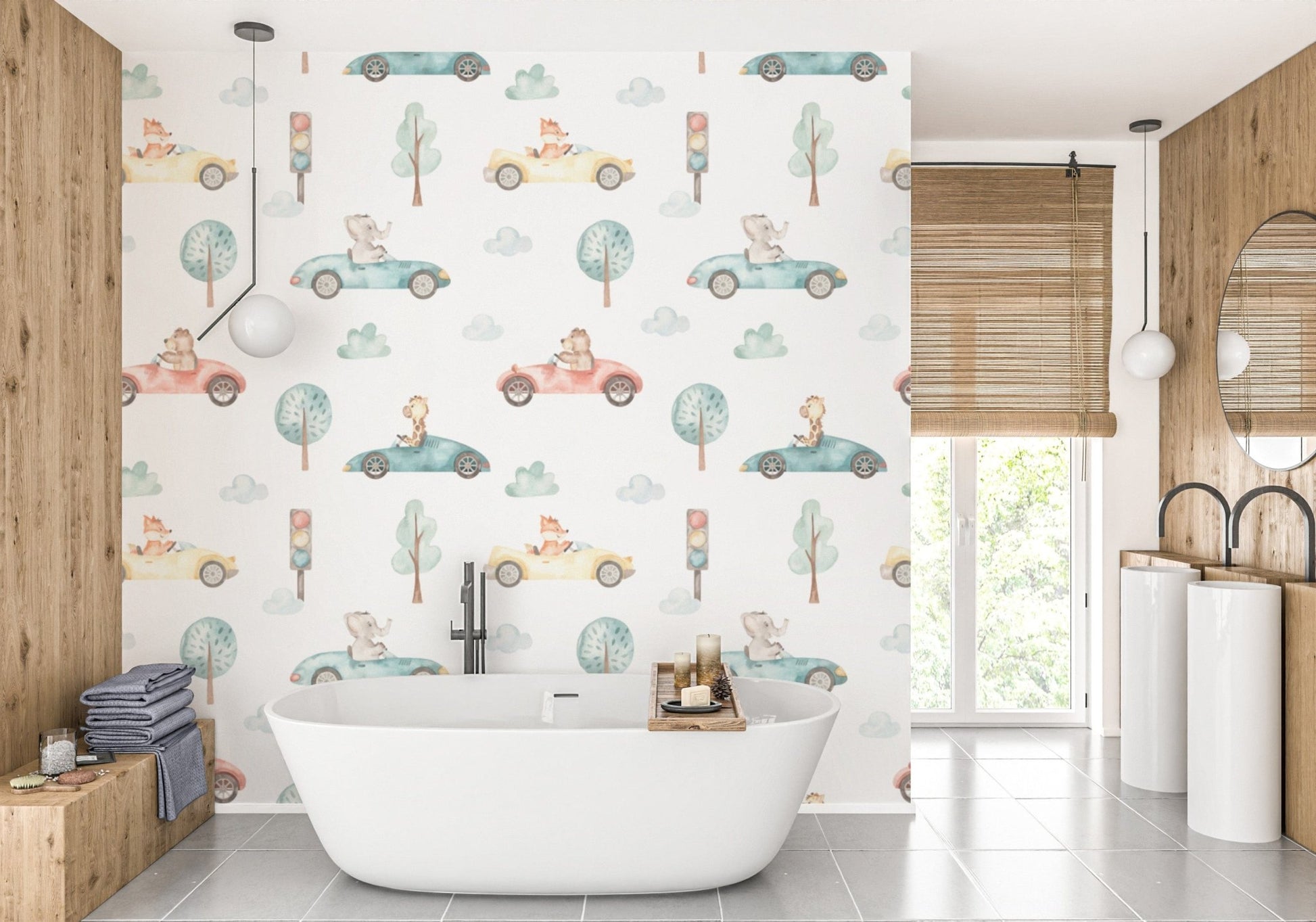 Cute animal racers design wallpaper in watercolor style
