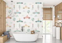 Cute animal racers design wallpaper in watercolor style
