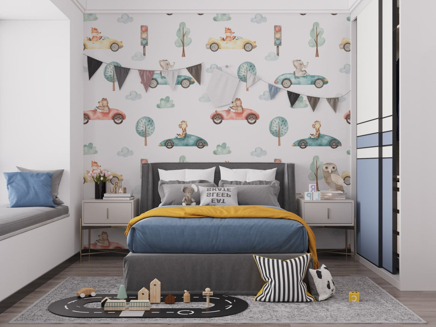 Fun animal racers wall mural for children's spaces
