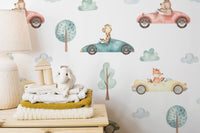 Watercolor animal racing wallpaper for playful interiors
