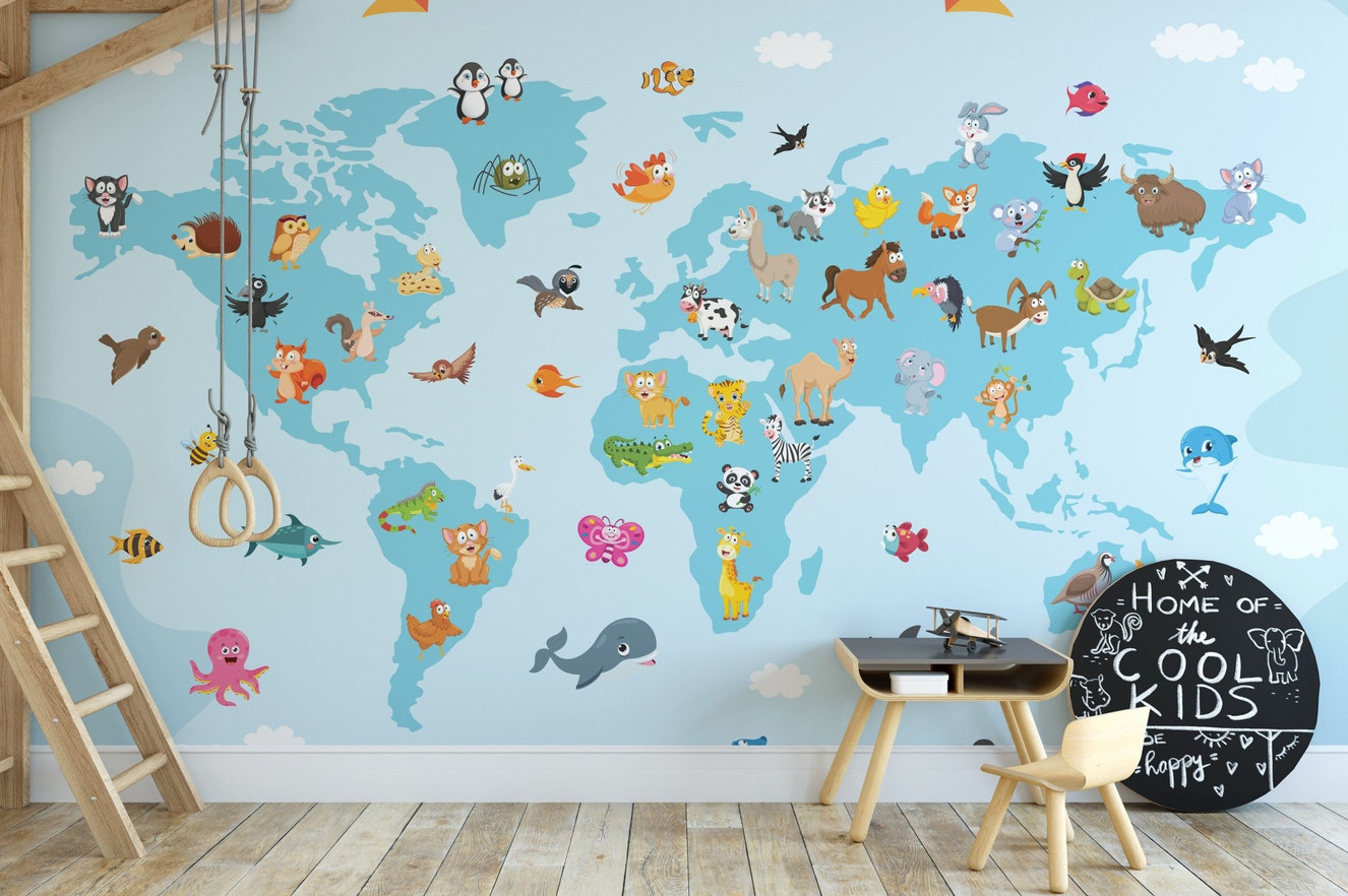 Animal world map wall mural
